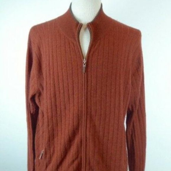 SAKS FIFTH AVENUE 100% CASHMERE rust orange ribbed zip CARDIGAN SWEATER L